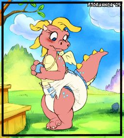 big_diaper blue_eyes blush clean_diaper diaper female jewelry outside pink_body shy solo tail thick_tail wings young r3drunner dragon_tales pbs cassie_(dragon_tales) colored