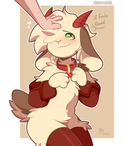 anthro arm_warmers armwear blush clothing collar hair hair_over_eye headpat legwear male petting solo stockings zarckets bovid caprine goat mammal