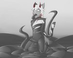 anthro balls black_slime bound corruption encasement fur genitals goo_covered goo_transformation grey_body grey_fur half-closed_eyes horn kneeling looking_pleasured looking_up male narrowed_eyes penis slime solo tail tentacles transformation azzybunn felid feline mammal hi_res