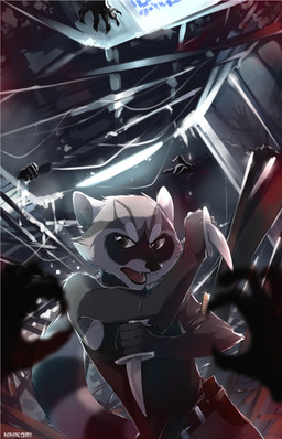 anthro biped clothed clothing dagger fangs male melee_weapon open_mouth scabbard solo standing teeth tongue weapon hihikori mammal procyonid raccoon hi_res