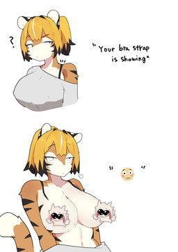 anthro biped blush breasts clothed clothed_anthro clothed_female clothing female fur hair navel shirt simple_background solo stripes tail topwear buta99 felid mammal pantherine tiger 2026 absurd_res digital_drawing_(artwork) digital_media_(artwork) hi_res