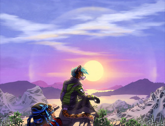5_fingers anthro backpack biped clothed clothing cloud coat detailed_background ear_piercing fingers forest fur gloves hair handwear high_place landscape legwear male markings mountain multicolored_body multicolored_fur outside piercing plant rear_view rope scenery sitting sky smile snow solo sun topwear tree water fighterjet felid leopard mammal pantherine 2018 digital_media_(artwork)