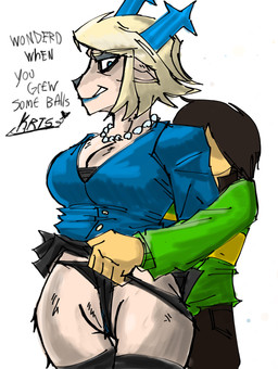 age_difference ambiguous_gender anthro assisted_exposure bottomwear clothed clothing clothing_lift dialogue duo female female/ambiguous genitals mature_female older_female panty_lift pussy_floss raised_bottomwear raised_clothing raised_skirt skirt skirt_lift tear_trough text thong underwear vulva conqueeflord deltarune undertale_(series) carol_holiday kris_dreemurr deer human mammal absurd_res english_text hi_res