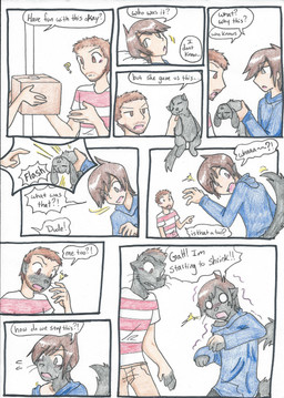 anthro beard black_body black_fur blue_clothing blue_hoodie blue_topwear bottomwear box brown_eyes brown_hair cardboard cardboard_box clothed clothing container dialogue duo facial_hair fur hair hoodie human_to_anthro inside light_body light_skin male mostly_offscreen_character pants pattern_clothing pattern_shirt pattern_topwear plushie question_mark shirt shrinking simple_background size_transformation species_transformation speech_bubble standing striped_clothing striped_shirt striped_topwear stripes stubble tan_bottomwear tan_clothing tan_pants text topwear transformation rainbowraven human mammal mustelid otter 2013 colored_pencil_(artwork) comic english_text hi_res traditional_media_(artwork)
