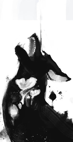 ambiguous_gender black_body ears_down fangs ink one_eye_obstructed pivoted_ears solo teeth key_rooki canid canine mammal character_request hi_res monochrome