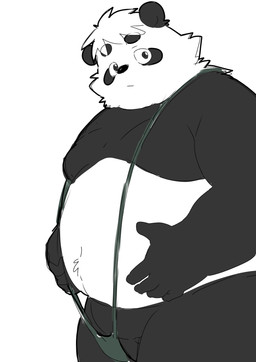 anthro belly big_belly black_body clothing kemono male moobs one-piece_swimsuit overweight overweight_male simple_background sling_bikini solo swimwear white_background white_body inunoshippo vtuber sasayama_akira bear giant_panda mammal 2026 absurd_res hi_res