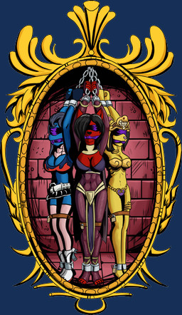 anthro arms_above_head bdsm blindfold bondage bound breasts brick_floor brick_wall chain chained cleavage clothed clothing cuff_(restraint) egyptian egyptian_clothing egyptian_headdress female gag gagged group lock padlock painting_(object) picture_frame restraints seumephune wall_(structure) quakehoof serafina_(meta2012) sofie domestic_cat felid feline felis mammal alpha_channel hi_res