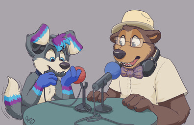 anthro blue_eyes brown_body brown_fur clothed clothing duo electronics eyewear fur furniture glasses glistening glistening_eyes grey_background grey_body grey_fur hat headgear headwear holding_microphone holding_object logo male male_anthro microphone nude object_in_mouth rectangular_glasses simple_background table white_body white_fur pandapaco bear canid canine mammal artist_logo signature