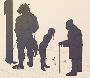 4_toes anthro apology back_muscles biped bodily_fluids bottomwear bowing butt cane circumcised claws clothing collar feet female flaccid footwear fur genital_fluids genitals group hotpants humanoid_genitalia humanoid_penis larger_anthro larger_male leash male male_peeing muscular muscular_anthro muscular_male nude peeing penis plantigrade sandals shoes shorts size_difference smaller_female smaller_human standing toe_claws toes triceps trio urine urine_stream bonfiredemon mythology pisswolf_(bonfiredemon) canid canine human mammal mythological_canine mythological_creature werecanid werecanine werecreature werewolf 2022 digital_media_(artwork) hi_res