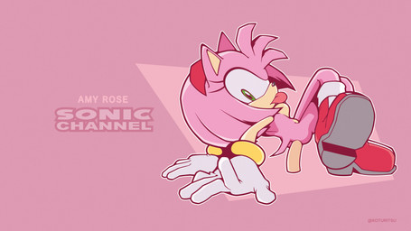 animal_ears anthro biped blep breasts butt clothing crossed_legs dildo dildo_sitting eyelashes female footwear gloves green_eyes hair handwear looking_back mostly_nude penetration pink_body pink_hair pupils red_clothing sex_toy shoes simple_background solo text tongue tongue_out koturitsu sega sonic_the_hedgehog_(series) amy_rose eulipotyphlan hedgehog mammal 16:9 absurd_res hi_res widescreen