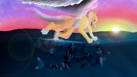 anthro detailed_background duo dutch fantasy sea sunset water luwfo aeral_(sylvewolf13) iyo_(sylvewolf13) fantasy_creature manokit 16:9 widescreen