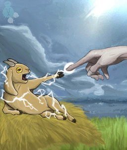 electric_shock feral grass hay hay_bale male parody plant sky nuseen bovid caprine deity domestic_goat goat human mammal nubian_goat absurd_res colored digital_media_(artwork) hi_res shaded signature