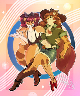 abstract_background anthro belt belt_buckle blue_eyes boots bottomwear bow_ribbon breasts brown_hair buckle cleavage clothed clothing collared_shirt cowboy_boots cowboy_hat denim denim_bottomwear denim_clothing dress_shirt female female/female footwear hair hat headgear headwear high_heels jeans pants red_clothing red_eyes red_footwear red_hair red_shoes shirt shoes shorts tank_top thick_thighs tight_clothing topwear wide_hips bigoldoinks athena_(janesapain) maarz_(janesapain) canid canine cheetah felid feline mammal hi_res