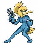 alternate_species anthro blue_eyes female furrification gun holding_gun holding_object holding_ranged_weapon holding_weapon ranged_weapon simple_background solo weapon white_background zero_suit anaugi metroid nintendo samus_aran avian chozo hi_res