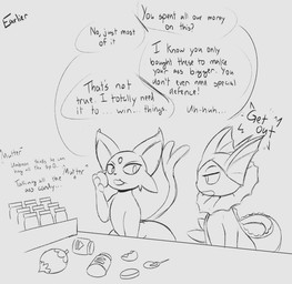ambiguous_gender candy dessert dialogue duo eating feral food grey_background open_mouth simple_background speech_bubble talking_to_another text miso_souperstar nintendo pokemon eeveelution espeon generation_1_pokemon generation_2_pokemon pokemon_(species) vaporeon 2020 digital_drawing_(artwork) digital_media_(artwork) english_text hi_res monochrome