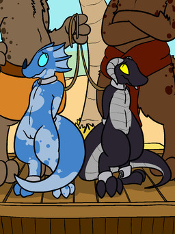 anthro auction bdsm clothing collar female fur genitals group horn humiliation interspecies leash outside plant public public_humiliation slave slave_auction slave_market tree vulva walkies trout_(artist) kenzi_(ucrodevil) khebbi_(whispwhim) gnoll hyena kobold mammal reptile scalie spotted_hyena 2016 3:4 hi_res