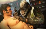 anthro chest_tattoo duo fur male male/male mature_anthro mature_male piercing semi-anthro tattoo tattooing huskyman24 ape chimpanzee haplorhine human mammal pan_(genus) primate 16:10 3d_(artwork) digital_media_(artwork) hi_res widescreen