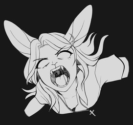 ambiguous_gender angry bodily_fluids clothing collared_shirt cross fangs hair jewelry long_ears long_hair necklace no_pupils open_mouth saliva shirt simple_background solo teeth tongue topwear yelling brinstar emiko_(bludii) felid hybrid lagomorph leporid mammal pantherine rabbit snow_leopard vampire 2022 digital_media_(artwork) hi_res monochrome