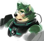 anthro blush fur green_body green_fur kemono male overweight overweight_anthro overweight_male simple_background solo visor white_background kita_9999 lifewonders live_a_hero mokdai canid canine canis domestic_dog mammal 2020 half-length_portrait portrait