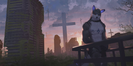 anthro black_bottomwear black_clothing black_collar black_shorts blue_inner_ear blue_markings blue_nipples bottomwear chest_markings clothed clothing collar cross dark_body dark_fur front_view fur grey_body grey_fur head_tuft looking_at_viewer male markings mouth_closed muscular muscular_anthro muscular_male narrowed_eyes nipples orange_eyes plant post-apocalyptic sad shorts shrub solo standing topless tree tuft white_body white_fur awaldkize canid mammal absurd_res hi_res
