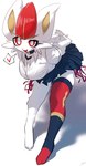 anthro bottomwear breasts cleavage clothed clothing female fur legwear simple_background skirt solo stockings topwear white_body white_fur keykids nintendo pokemon cinderace generation_8_pokemon lagomorph mammal pokemon_(species) absurd_res hi_res