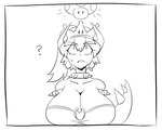 big_breasts bodily_fluids breasts cleavage clothed clothing crossgender crown female fungus headgear horn huge_breasts looking_up mega_mushroom mushroom question_mark simple_background solo super_crown sweat tail sepiascribe bowsette_meme mario_bros nintendo bowser animal_humanoid horned_humanoid humanoid scalie scalie_humanoid meme monochrome