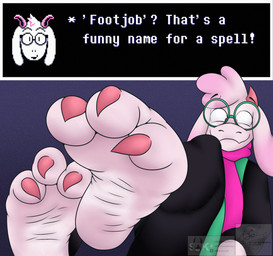 3_toes anthro barefoot black_clothing bottomwear claws clothing colored_claws dialogue dialogue_box eyewear feet foot_focus fur glasses green_clothing green_eyewear green_glasses hair horn looking_at_viewer male pink_claws pink_eyes pink_horn pink_scarf plantigrade scarf sitting soles solo text toe_claws toes white_body white_fur white_hair wrinkled_feet wrinkles coyocislav skonczonyidiota deltarune undertale_(series) ralsei bovid caprine darkner goat mammal english_text hi_res