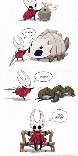 bench clothing dialogue humor kneeling petting simple_background sitting sleeping text torn_clothing weapon white_background wounded silverfox5213 hollow_knight:_silksong hollow_knight_(franchise) team_cherry bell_beast hornet_(hollow_knight) arthropod flea_(hollow_knight:_silksong) muckroach comic english_text hi_res