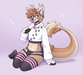 4_fingers anthro blep blue_eyes brown_body brown_fur brown_hair brown_nose bulge cheek_tuft clothed clothing collar cropped_hoodie eyewear facial_tuft fangs fingers fur glasses hair horn inner_ear_fluff legwear long_sleeves looking_away male pantsless pink_tongue round_glasses short_hair sitting snout solo stockings tail tail_tuft tan_body tan_fur teeth tongue tongue_out tuft underwear wearing_glasses fleurfurr deer hybrid mammal hi_res