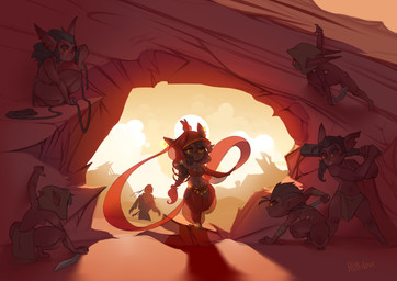 ambiguous_gender ambush arm_wraps armwear bandage barefoot belly_dancer belly_dancer_outfit big_ears black_hair black_sclera bottomwear braided_hair braided_ponytail breasts butt climbing clinging clothed clothed_female clothed_humanoid clothing club_(weapon) crouching desert detached_sleeves detailed_background ear_piercing ear_ring eyebrows eyelashes featureless_breasts featureless_crotch feet female female_focus female_humanoid glowing glowing_eyes gold_(metal) gold_jewelry grey_body grey_skin group hair headgear headgear_only headwear headwear_only hiding holding_object holding_weapon hood humanoid_pointy_ears imminent_danger jewelry kukuri_(weapon) lips loincloth long_ears long_hair looking_away melee_weapon midriff mostly_nude muscular muscular_female navel not_furry orange_eyes orange_sky outside oversized_bottomwear oversized_clothing oversized_pants pants piercing pointy_ears ponytail red_body red_skin ring_piercing rope shadow short_hair shortstack shortstack_female sky smile smirk solo_focus standing sunset topless topless_female translucent translucent_clothing trap_(contrivance) under_shade walking weapon wraps yellow_eyes huffslove goblin humanoid 2020 digital_media_(artwork) hi_res signature