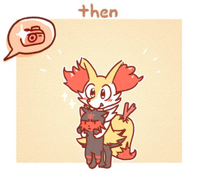 ambiguous_anthro ambiguous_feral ambiguous_gender anthro arm_tuft biped black_body black_fur black_tail blush border camera cheek_tuft closed_smile cute_fangs digitigrade dipstick_tail duo emanata facial_tuft fangs feet feral fingers front_view frown fur holding_another inner_ear_fluff looking_at_viewer markings mouth_closed multicolored_body multicolored_fur nude_ambiguous nude_anthro object_in_tail orange_body orange_fur orange_inner_ear_fluff orange_nose orange_tail_tip pointy_ears prick_ears quadruped red_body red_fur red_tail_tip shoulder_tuft simple_background smile snout sparkles speech_bubble standing stick stick_in_tail tail tail_markings teeth text textured_background toes tuft two_tone_tail white_body white_border white_fur yellow_body yellow_fur yellow_tail stubbypubby nintendo pokemon braixen canid felid generation_6_pokemon generation_7_pokemon litten mammal pokemon_(species) 2022 colored digital_drawing_(artwork) digital_media_(artwork) english_text flat_colors hi_res