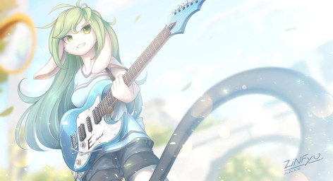bottomwear clothing electric_guitar female green_eyes green_hair guitar hair long_hair musical_instrument plucked_string_instrument shorts string_instrument zinfyu lagomorph leporid mammal rabbit 2020 absurd_res digital_media_(artwork) hi_res