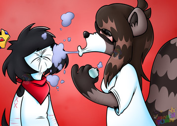 black_nose black_spots brown_body brown_fur brown_hair crown duo female fur hair headgear male male/female red_background red_eyes red_scarf scar scarf simple_background smoke spots toony vape white_body white_fur mayhemtown mayhem_(mayhemtown) absurd_res hi_res