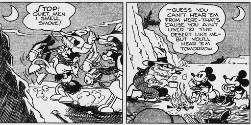 anthro beard bottomwear clothed clothing cooking cowboy_hat dialogue eating eyewear facial_hair female feral fingers fire food footwear gesture glasses gloves group gun hand_gesture handwear hat headgear headwear male night open_mouth outside pants plant pointing quadruped ranged_weapon sitting text weapon floyd_gottfredson roy_nelson disney public_domain mickey_mouse minnie_mouse pegleg_pete pete_(disney) uncle_mortimer bulldog canid canine canis domestic_cat domestic_dog equid equine felid feline felis horse mammal mastiff molosser mouse murid murine rodent 1930 20th_century absurd_res ancient_art black_and_white comic dated english_text hi_res long_image monochrome wide_image
