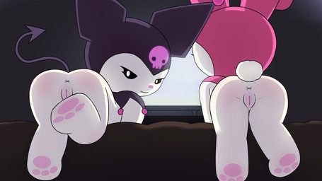 anthro anus black_eyes butt chibi duo electronics female genitals looking_at_viewer paws presenting raised_leg spade_tail tail television vulva white_body x_anus dakuromii onegai_my_melody sanrio kuromi my_melody demon lagomorph leporid mammal rabbit 16:9 hi_res widescreen