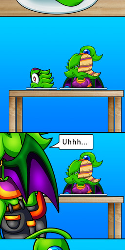 accessory anthro back_pockets back_wings bangs blue_background bottomwear bra_strap buckle cake cake_slice candy cargo_shorts clothing constricted_pupils creeped_out dessert dragon_wings feathers female fingerless_gloves food furniture gloom_lines gloves green_body hair handwear happy headband icing jewelry lime_green long_tail magenta_eyes marshmallow multicolored_body multicolored_clothing multicolored_shirt multicolored_topwear necklace plate prehensile_tail pupils raised_lower_eyelid rear_view shirt short_hair shorts simple_background small_pupils smile snaggle_tooth solo spread_wings table tail tied_hair topwear two_tone_body two_tone_clothing two_tone_shirt two_tone_topwear what wings spdy4 mythology real_or_cake arrow_(spdy4) arrow_the_dragon arrow_xiang_long couatl dragon eastern_dragon feathered_scalie feathered_snake hybrid mythological_creature mythological_scalie reptile scalie snake 2020 absurd_res comic digital_media_(artwork) hi_res long_image shaded tall_image