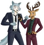 5_fingers anthro antlers belt black_clothing black_nose black_suit bottomwear brown_body brown_fur claws clothed clothing countershade_face countershading dress_shirt duo eye_scar facial_scar finger_claws fingers fur grey_body grey_fur gun hand_on_hip hand_on_own_hip handgun holding_gun holding_handgun holding_object holding_pistol holding_ranged_weapon holding_weapon horn humanoid_hands looking_at_viewer male multicolored_body multicolored_fur necktie pants pistol ranged_weapon scar shirt simple_background standing suit tan_body tan_countershading tan_fur topwear trigger_discipline two_tone_body two_tone_fur weapon white_background jde10 beastars legoshi_(beastars) louis_(beastars) canid canine canis cervine deer mammal red_deer wolf 2021 absurd_res digital_media_(artwork) hi_res signature