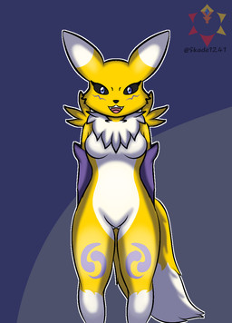 anthro armwear bangle black_nose black_sclera blue_eyes breasts bridal_gauntlets clothing featureless_breasts featureless_crotch female fluffy fluffy_tail fur jewelry looking_at_viewer mostly_nude neck_tuft open_mouth smile solo tail tuft wide_hips yellow_body yellow_fur skade_(artist) bandai_namco digimon canid canine canis digimon_(species) mammal renamon hi_res
