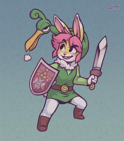 anthro boots bottomwear breath buckteeth clothing cosplay duo female footwear hair hat headgear headwear holding_melee_weapon holding_object holding_shield holding_sword holding_weapon looking_up melee_weapon open_mouth pants pink_hair shield shoes simple_background smile standing sword tail teeth weapon white_bottomwear white_clothing white_pants yellow_body taffywabbit minish_cap nintendo the_legend_of_zelda ezlo soleil_(keffotin) animate_inanimate avian lagomorph leporid living_clothing living_hat mammal rabbit 2021 digital_media_(artwork) hi_res trans_(lore) trans_woman_(lore)