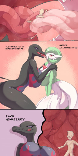anthro between_tongues big_breasts biped bisexual black_body breast_squish breasts breasts_frottage butt dialogue featureless_crotch female female/female female_pred fighting_over_prey french_kissing gesture green_hair group hair hand_gesture human_on_anthro internal interspecies kissing larger_female male male/female micro multicolored_body nude sharing_prey size_difference smaller_male squish text tongue tongue_out trio v_sign vore white_body son2j nintendo pokemon gardevoir generation_3_pokemon generation_7_pokemon human humanoid mammal pokemon_(species) salazzle absurd_res comic digital_media_(artwork) english_text hi_res long_image tall_image