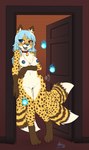 anthro bell blue_eyes blue_hair blue_insides blue_nipples blue_nose blue_pussy blue_tongue breasts chest_tuft collar digitigrade door doorknob doorway eyewear female genitals glasses hair heterochromia kitsunebi long_hair multi_tail nipples open_door open_mouth pussy red_eyes solo standing_in_doorway tail teeth tongue tuft unusual_insides antiroo asian_mythology east_asian_mythology mythology neko_ed canid canine cheetah felid feline fox fox_spirit hybrid mammal absurd_res digital_media_(artwork) hi_res shaded nonbinary_(lore) trans_(lore) trans_woman_(lore)