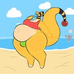 1:1 ambiguous_gender ampharos anthro beach belly big_belly big_breasts big_bulge breasts bulge butt clothed clothing digital_media_(artwork) generation_2_pokemon herm hi_res huge_bulge intersex mammal mostly_nude navel nintendo open_mouth outside overweight pokemon pokemon_(species) sand seaside sky solo swallowpancakes tail thick_tail thick_thighs topwear vore water yellow_body