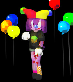 anthro balloon black_background black_clothing black_shirt black_topwear blood bodily_fluids bruised clothing female fool's_hat gloves handwear hat headgear headwear inflatable open_mouth open_smile shirt simple_background smile solo topwear white_clothing white_gloves white_handwear wounded young young_female bravobunny microsoft minecraft mojang xbox_game_studios bravo_(bravobunny) lagomorph leporid mammal rabbit full-length_portrait portrait