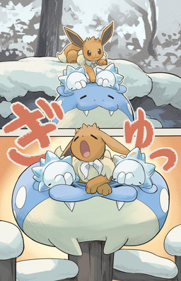 ambiguous_gender blue_body brown_body brown_eyes brown_fur eyes_closed fangs female feral fur group open_mouth paws plant shrub size_difference sleeping sleeping_on_another sleeping_together snow teeth text tongue tree yawn hakkentai_pkdn nintendo pokemon eevee generation_1_pokemon generation_3_pokemon generation_8_pokemon pokemon_(species) snom spheal 2025 absurd_res comic hi_res japanese_text