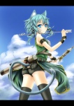 absolute_territory accessory arrow_(weapon) black_clothing black_legwear blue_eyes blue_hair bottomwear bow_(weapon) butt clothing cloud female hair hair_accessory hair_ribbon holding_object holding_weapon legwear outside quiver_(object) ranged_weapon ribbons shorts sky skyscape solo tail thigh_highs weapon r0g0b0 celtic_mythology european_mythology mythology sword_art_online shino_asada animal_humanoid cat-sith cat-sith_(sao) cat_humanoid felid felid_humanoid feline feline_humanoid humanoid mammal mammal_humanoid hi_res letterbox