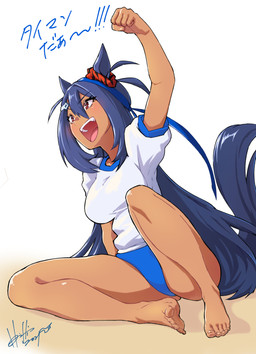 asian_clothing barefoot blue_hair bottomwear breasts buruma clothing east_asian_clothing eyebrows eyelashes feet female fist hair humanoid_feet japanese_clothing long_hair open_mouth plantigrade raised_arm shirt solo tail tan_body tan_skin teeth tongue topwear horishin cygames uma_musume_pretty_derby hishi_amazon_(pretty_derby) animal_humanoid equid equid_humanoid equine equine_humanoid horse_humanoid humanoid mammal mammal_humanoid 2021 hi_res