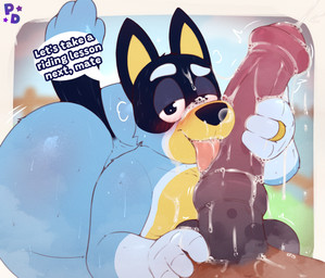 after_oral animal_genitalia animal_penis anthro anthro_on_anthro anthro_penetrated balls big_butt big_penis blue_body blue_fur blush blush_lines bodily_fluids body_worship brown_body brown_fur bubble butt butt_from_the_front cum cum_bubble cum_drip cum_in_mouth cum_inside cum_on_body cum_on_face cum_on_penis dialogue digit_ring dripping duo equine_balls equine_genitalia equine_penis erection eyebrows front_view fur genital_fluids genital_worship genitals half-closed_eyes hand_on_penis infidelity jewelry licking male male/male married married_man medial_ring messy narrowed_eyes oral penetration penile penis penis_lick penis_on_face penis_worship ring sex sweat sweatdrop sweaty_butt text tongue wedding_ring pony_dreaming bluey_(series) bandit_heeler australian_cattle_dog canid canine canis cattledog domestic_dog equid equine herding_dog horse mammal pastoral_dog absurd_res artist_name digital_drawing_(artwork) digital_media_(artwork) hi_res signature