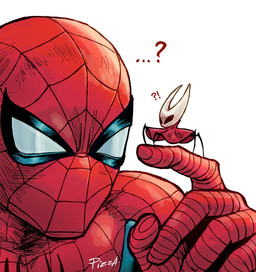 5_fingers ambiguous_gender anthro clothing duo ellipsis extreme_size_difference fingers horn interrobang larger_human larger_male male on_finger questioning_ellipsis red_body red_clothing red_robe robe simple_background size_difference smaller_ambiguous smaller_anthro text white_body pizza990 hollow_knight_(franchise) marvel spider-man_(series) team_cherry hornet_(hollow_knight) spider-man_(character) arthropod human mammal 2025 absurd_res colored english_text hi_res signature