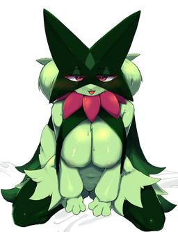 anthro blush blush_lines bodily_fluids breast_curtains breasts female flower_(anatomy) fur green_body green_fur green_tail looking_at_viewer mask navel nipples pink_eyes solo sweat sweatdrop tail memento_moripng nintendo pokemon generation_9_pokemon meowscarada pokemon_(species) 2026 hi_res