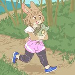 ambiguous_gender clothed clothing duo female footwear kemono running shoes ekaki510 aesop's_fables the_tortoise_and_the_hare lagomorph leporid mammal rabbit reptile scalie tortoise turtle 1:1